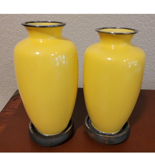Paint Pair of Japanese Yellow Cloisonne Enamel Vases /W Flower Design & Silver Rims For Sale - Image 7 of 8