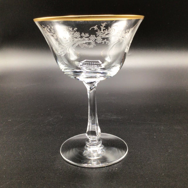 Fostoria Glass Company Fostoria Golden Lace Champagne/Sherbet Etched Crystal Coupes With Gold Rim - Set of 6 For Sale - Image 4 of 12