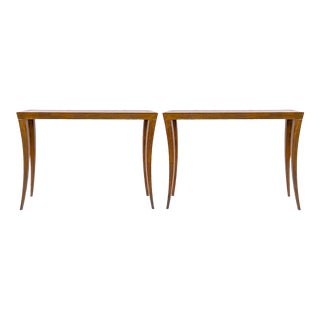 Late 20th-C. Modern Saber Leg Mahogany Console Tables by Hickory Chair, Pair For Sale