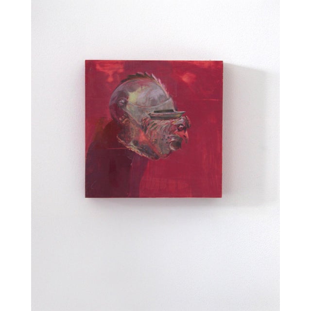 This oil on panel artwork features a striking representation of a rooster, rendered with a metallic sheen that highlights...