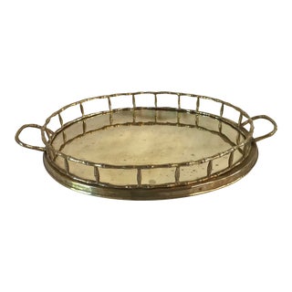Vintage Oval Brass Tray With Faux Bamboo Railing Design For Sale