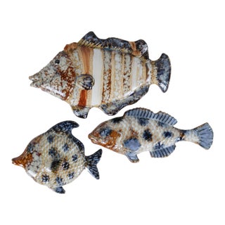 Set of 3 Mid-Century French Majolica Fish Wall Plaques | Mid-Century Vallauris Pottery For Sale
