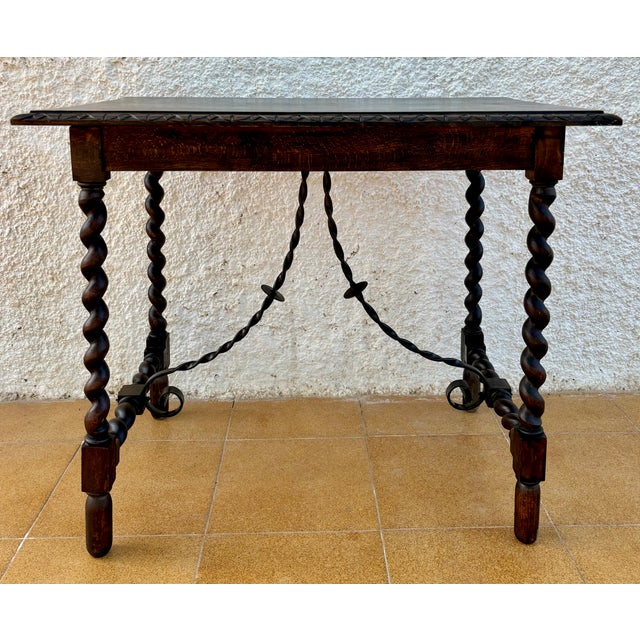 Spanish Spanish Barley Twist Side Table With Wrought Iron Stretchers, 1920s For Sale - Image 3 of 11