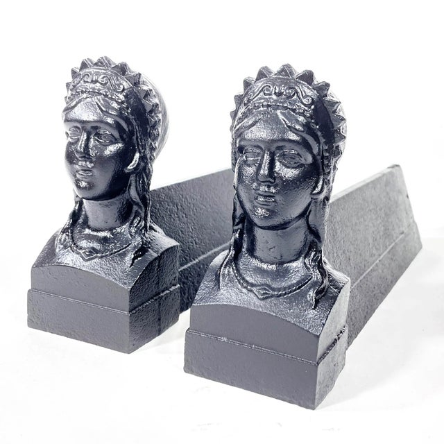 French Provincial Early 20th Century French Andirons / Chenets / Fire Dogs Shaped as Bust of Princess For Sale - Image 3 of 7
