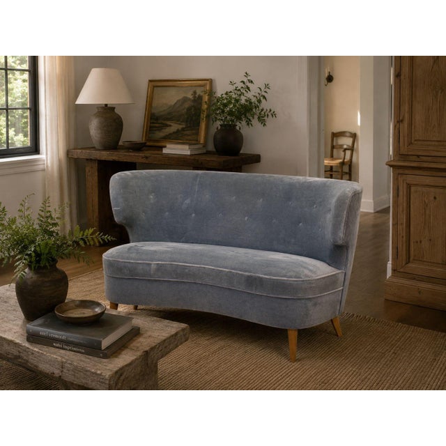 Carl-Johan Boman, Finnish Mid-Century Modern, Sofa or Settee, Velvet, Lacquered Wood, Finland, 1950s A rare shell back two...