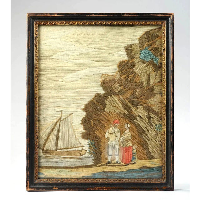 Textile British Woolwork of a Family of Man, Wife and Child on the Seashore With Ship in Bay For Sale - Image 7 of 7