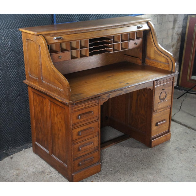 Antique Quartersawn Oak Tambour Roll Top Kneehole Secretary Bankers Writing Desk For Sale - Image 4 of 17