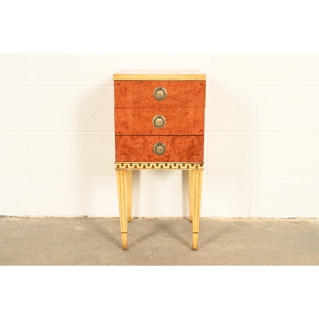 Romweber Style French Regency Louis XVI Burl Wood and Parcel Painted Three-Drawer Bedside Chest, Circa 1940s For Sale - Image 16 of 16
