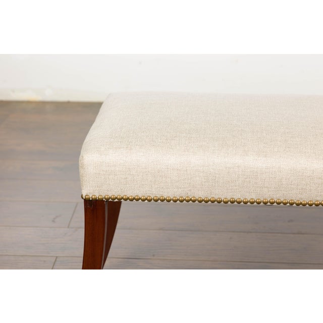 19th Century English Regency Bench with Saber Legs and Custom Linen Upholstery For Sale - Image 9 of 12