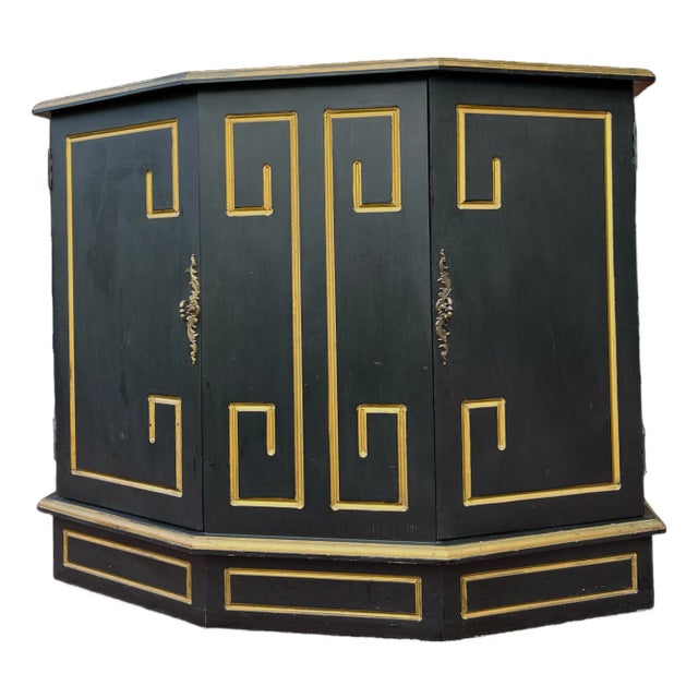 Hollywood Regency Black & Gold Trapezoid Credenza or Bath Vanity Cabinet in the Style of Dorothy Draper For Sale