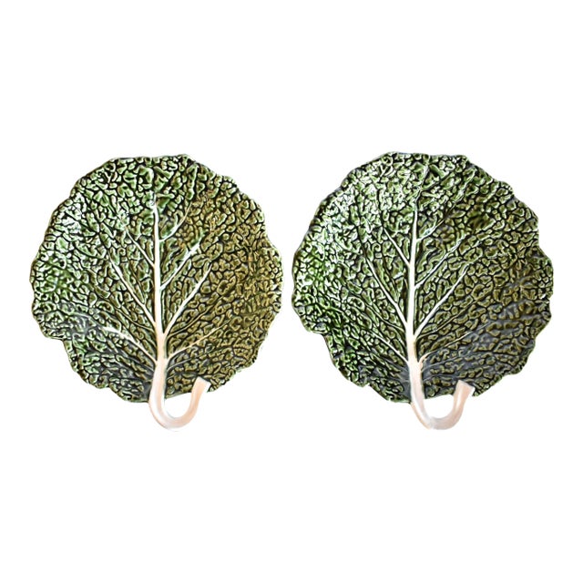 Portuguese Majolica Cabbageware Leaf Serving Bowls - a Pair For Sale