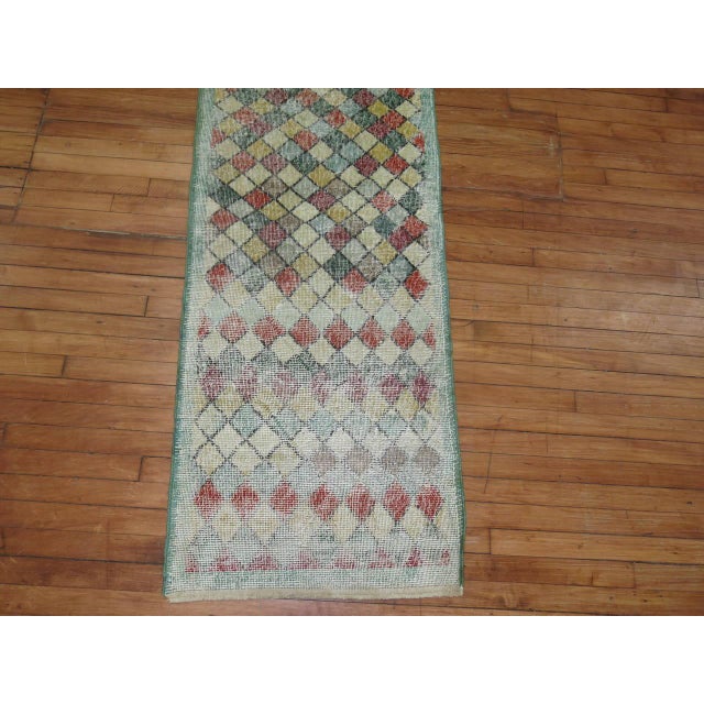 Art Deco Narrow Shabby Chic Green Background Vintage 20th Century Turkish Deco Runner - 2'2" x 10'3" For Sale - Image 3 of 5