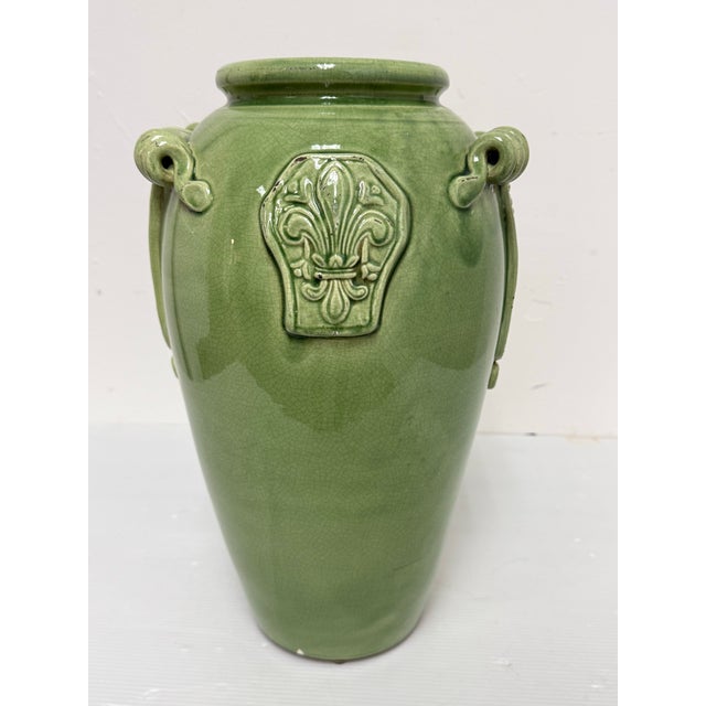 Italian Leona for Neiman Marcus Italian Green Crackle-Glazed Ceramic Vase For Sale - Image 3 of 12