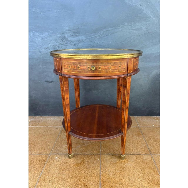 French Louis XVI Style Round Side Table with Marquetry and Drawer, 1930s For Sale - Image 4 of 13
