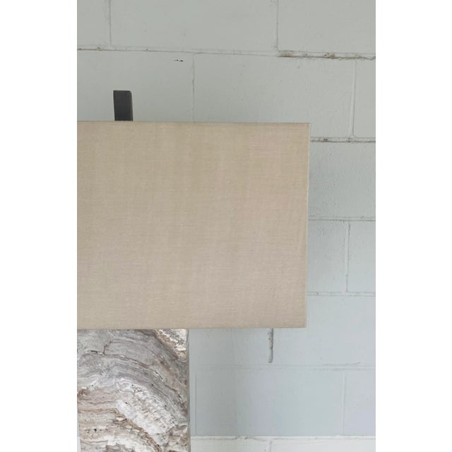 Stylish Modern Travertine Floor Lamp, bronze finished metal, khaki fabric shade, showroom floor sample