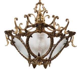 1960s Spanish Rococo Revival Cast Brass Chandelier With Frosted Textured Glass For Sale