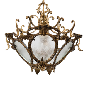 1960s Spanish Rococo Revival Cast Brass Chandelier With Frosted Textured Glass