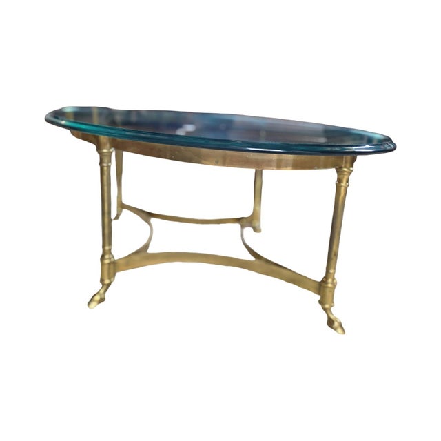Brass Vintage Brass & Beveled Glass Oval Coffee Table With Hoof Feet For Sale - Image 8 of 12