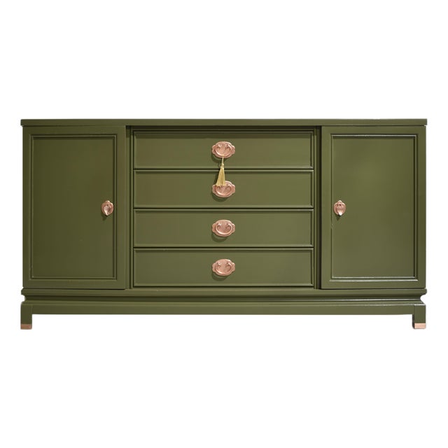 Mid Century Ming Style Chinoiserie Buffet by American of Martinsville in Olive Green - Newly Painted For Sale