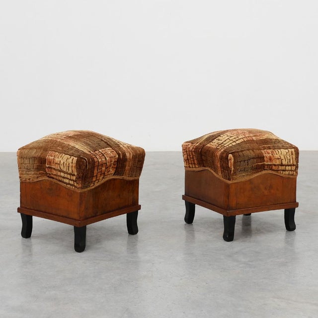 Art Deco Walnut Stools with Velvet Upholstery, Italy, 1920s, Set of 2 For Sale - Image 13 of 13