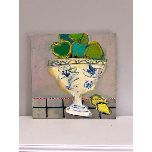 Oil on stretched canvas, the background is a muted mauve color. Signed on front by artist, me, titled and signed on back....