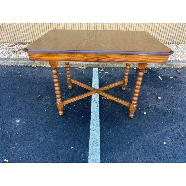 Antique Jacobean Style Oak Bobbin Leg Dining Table With Leaf For Sale - Image 10 of 12