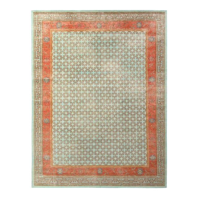Rug & Kilim’s Border Rug in Mint and Rust, 5x7 For Sale