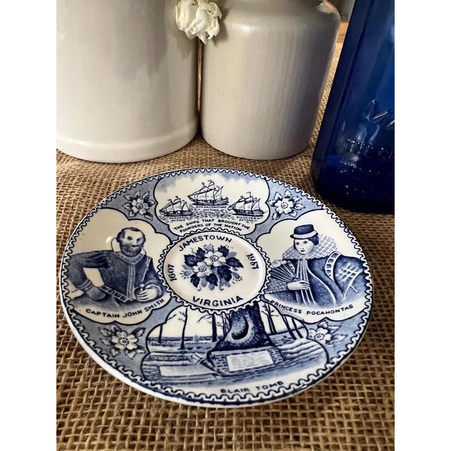 English Vintage Adams Blue and White Jamestown Commemorative Cup and Saucer Set For Sale - Image 3 of 4