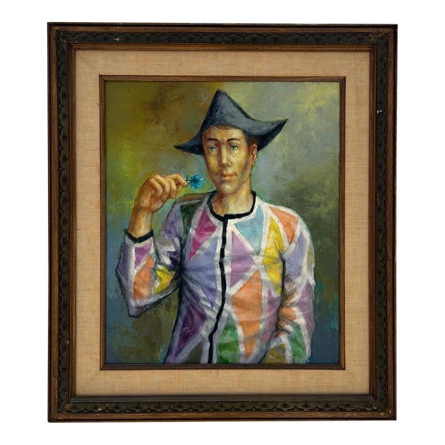 Vintage Boho Portrait of Jester Oil on Canvas For Sale