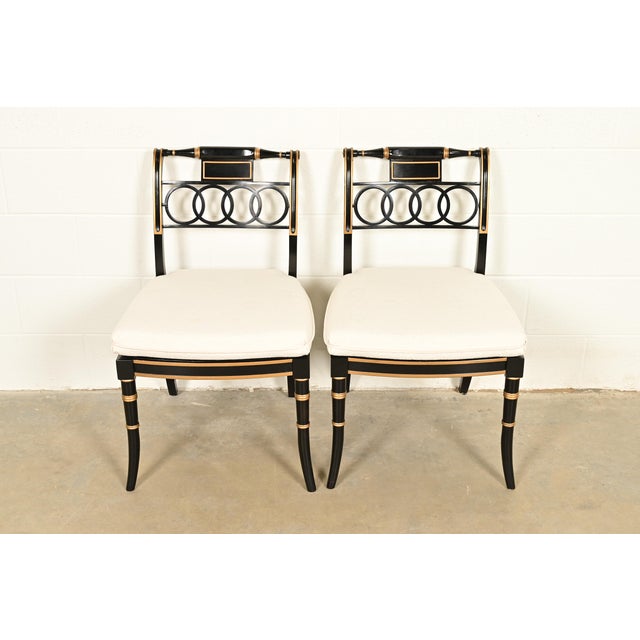 Baker Furniture Company Baker Furniture Historic Charleston Regency Ebonized and Gold Gilt Side Chairs or Dining Chairs, Pair For Sale - Image 4 of 17