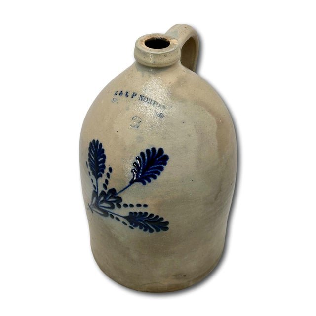 Beautiful Antique American Blue Flower Decorated 3 Gallon Size Stoneware Jug by E & L P Norton in Bennington Vermont For Sale - Image 13 of 18