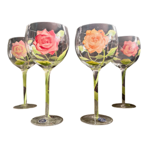 Vintage Rose Balloon Wine Glasses Hand-Painted Style Pink Roses - Set of 4