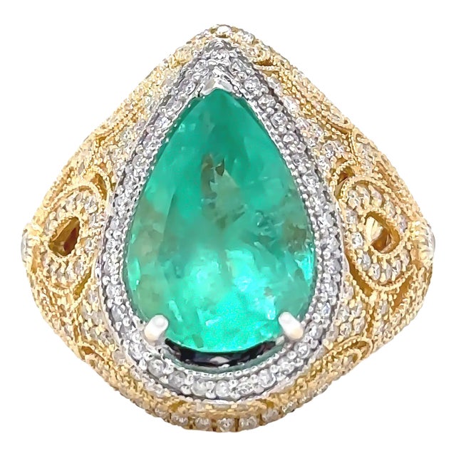 Bespoke 18ct White & Yellow Gold Emerald & Diamond Dress Ring 6.68ct For Sale