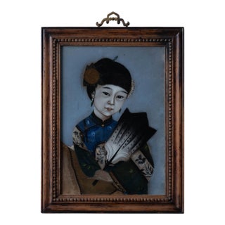 Chinese Reverse Glass Portrait of a Beauty With Fan, Circa 1880 For Sale