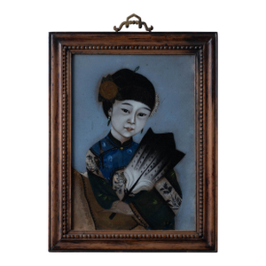 Chinese Reverse Glass Portrait of a Beauty With Fan, Circa 1880