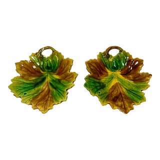 Antique Pair of Majolica Leaf Shaped Plates With Mottled Brown and Green Coloration From England - Circa 1860 For Sale