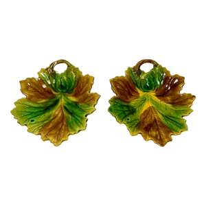 Antique Pair of Majolica Leaf Shaped Plates With Mottled Brown and Green Coloration From England - Circa 1860