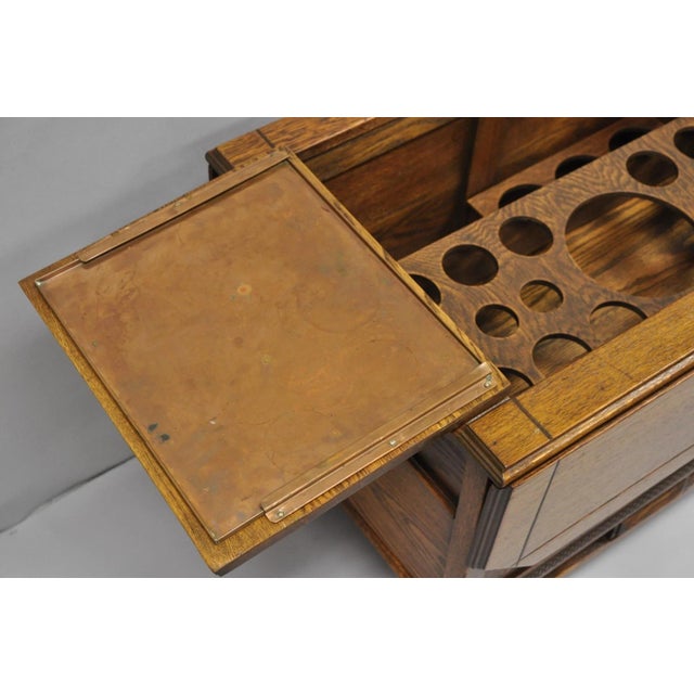 Antique Arts & Crafts Oak Wood Rolling Bar Cart Liquor Cabinet by Lammert's For Sale - Image 14 of 18