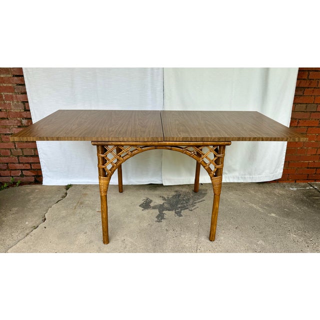 Traditional 1970s Vintage Palm Beach Regency Bamboo & Rattan Dining Set - Set of 5 - Convertible Flip-Top Gaming Table For Sale - Image 3 of 12