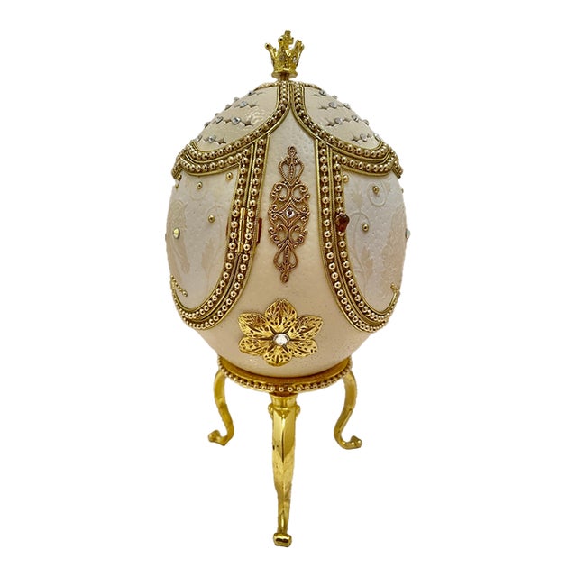 2005 Vintage Fabergé Egg Style XXXXL Pierre Lorren Natural Egg Hand Carved Faberge Style Music Austrian Crystal Pure Gold Deco Handmade 5.1" X 5.9" For Sale