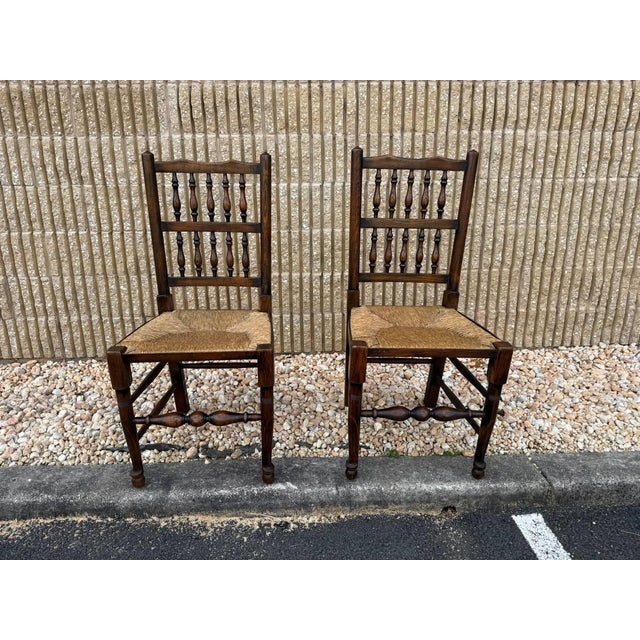 Farmhouse Early 20th Century 6 Antique Matching George III Lancashire Style Oak Rush Seat Side Chairs For Sale - Image 3 of 10
