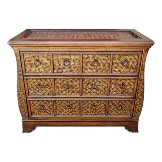 Vintage 3 Drawer Woven Wicker Wood Stained Baker Style Chest Commode For Sale