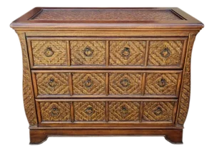 Vintage 3 Drawer Woven Wicker Wood Stained Baker Style Chest Commode