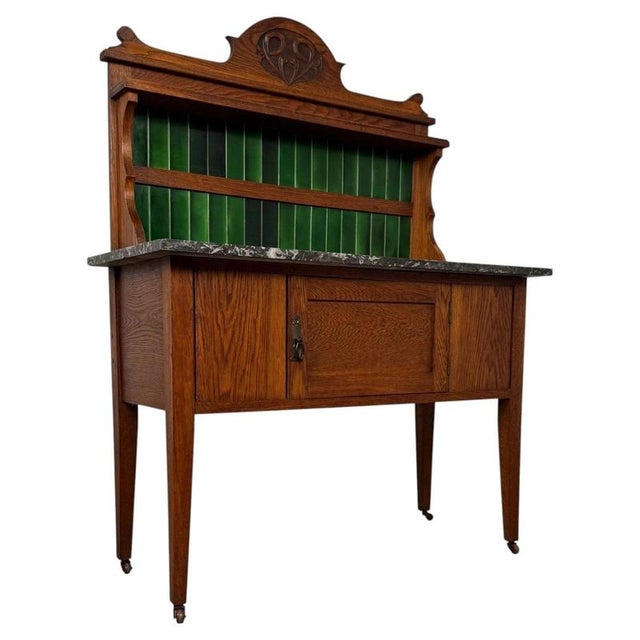Antique Arts & Crafts Oak Washstand with Marble Top For Sale - Image 4 of 11