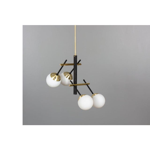 Vintage Pendant Light in Black Metal, Brass & Opaline Glass, 1950s For Sale - Image 10 of 10