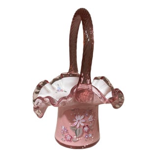 1990s Fenton Art Glass Hand Painted Signed Floral Basket Vase For Sale