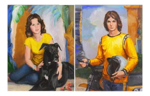'Brother and Sister' by Marjory Hillman, Oil Portraits, Period 1970s Fashion, Great Dane - a Pair