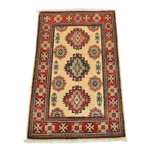 Kazak Rug 2′ X 3’2” Beige Wool Tribal Hand-Knotted Oriental Carpet