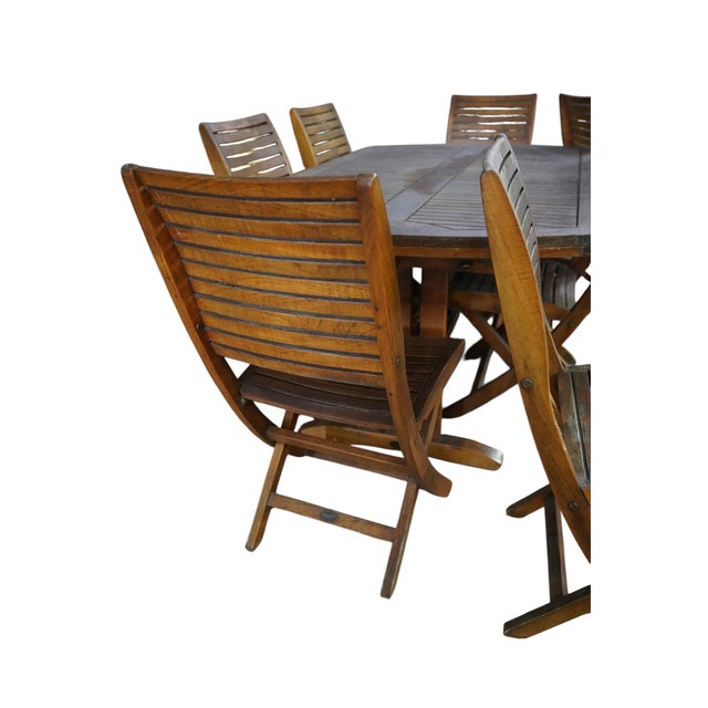 Les Jardins Teak Wood Patio Table and Eight Chairs Set Signed Outdoor Dining For Sale - Image 11 of 15