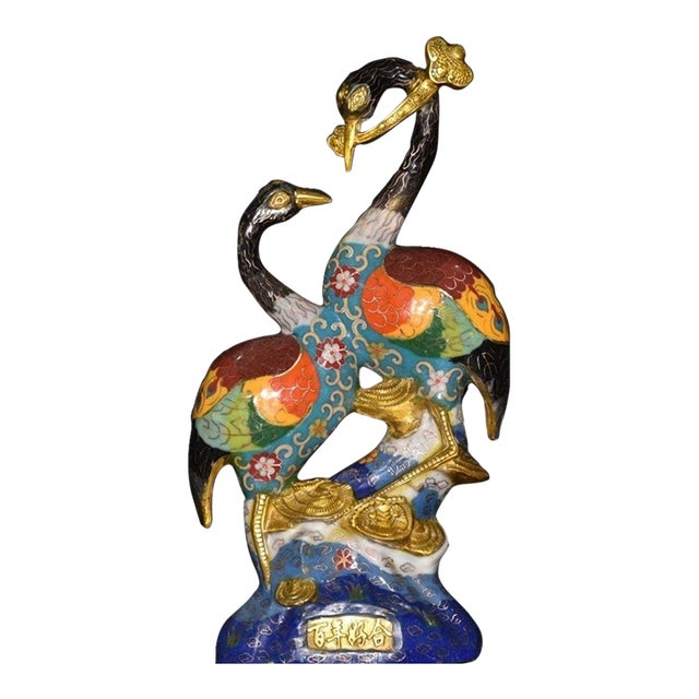 Cloisonne Enamel Crane Sculpture – 15" Pair of Red-Crowned Cranes on Rock Base For Sale